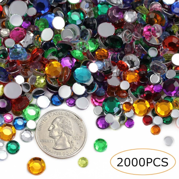 2000 Pcs Acrylic Rhinestones in Bulk Flat Back Acrylic Gems Wholesale For Crafts, Parties, DIY Projects in 4.5mm, 6mm & 8mm Over 10 Colors