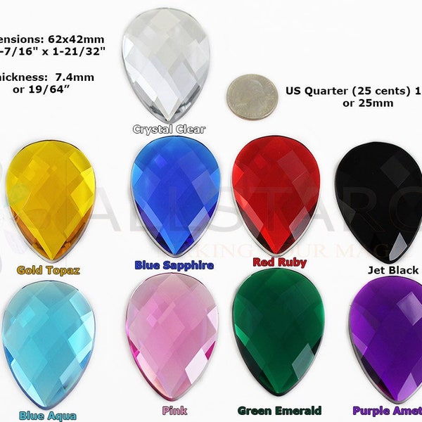 2PCS Extra Large Teardrop Gems Acrylic Rhinestones Plastic Jewel Jewellery Making Costume Cosplay Display Pop Embellishments Craft 10 Colors