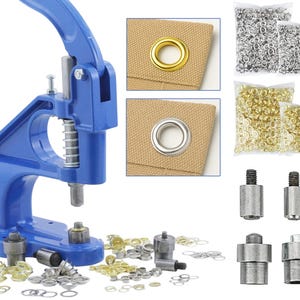 May include: A blue eyelet press machine with various dies and eyelets. The image shows close-ups of gold and silver eyelets set in tan fabric. Bags of silver and gold eyelets are also visible.