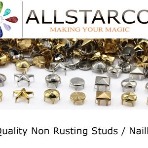 May include: An assortment of non-rusting studs and nailheads in gold and silver tones. Various shapes include stars, squares, and round designs. The image includes the text "ALLSTARCO MAKING YOUR MAGIC" and "High Quality Non Rusting Studs / Nailheads."