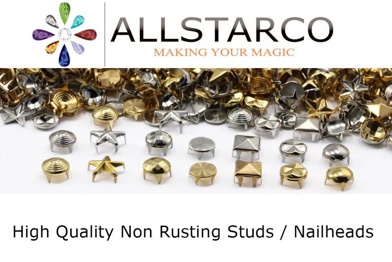 May include: An assortment of non-rusting studs and nailheads in gold and silver tones. Various shapes include stars, squares, and round designs. The image includes the text "ALLSTARCO MAKING YOUR MAGIC" and "High Quality Non Rusting Studs / Nailheads."