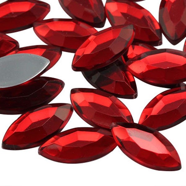 Red Ruby Navette Flat Back Acrylic Rhinestones Marquise Crafts Eye Costume Embelishments Cards Jewels Jewelry Cosplay Plastic Gems - 5 Sizes