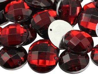 Red Ruby Flat Back Round Sew On Beads for Crafts Plastic Acrylic Rhinestones with Holes Sewing, Clothing Embelishments, Costume Cosplay