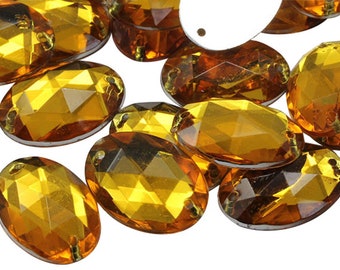 Gold Topaz Flat Back Sew On Oval Beads Acrylic Rhinestones Sewing Plastic Gems With Holes For Jewelry, Garment Embelishments, Cosplays Craft