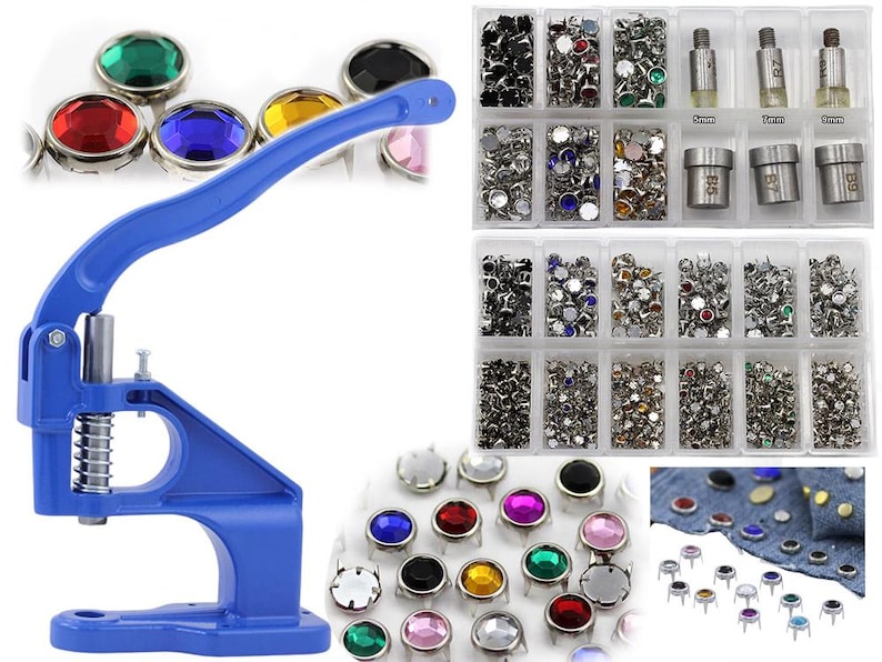 May include: A blue hand press tool with a lever, used for setting rivets and decorative studs. The image also shows various colorful rhinestone studs and a selection of rivets in clear plastic containers. A denim fabric sample with studs is also visible.