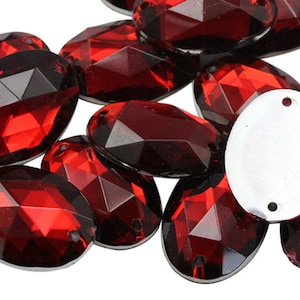 Red Ruby Flat Back Sew on Oval Beads Acrylic Rhinestones Sewing