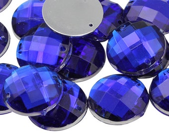 Blue Sapphire Flat Back Round Sew On Beads for Crafts Plastic Acrylic Rhinestones with Holes Sewing, Clothing Embelishments, Costume Cosplay