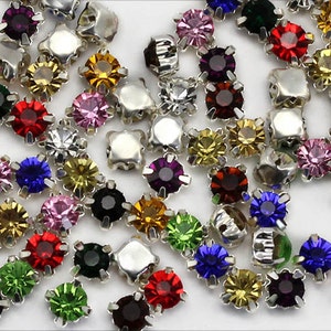 6mm SS30 Crystal Sew On Diamante Rhinestones Rose Montees For Sewing Crafts In Silver Settings 4 Holes - 9 Available Colors - 100 Pieces