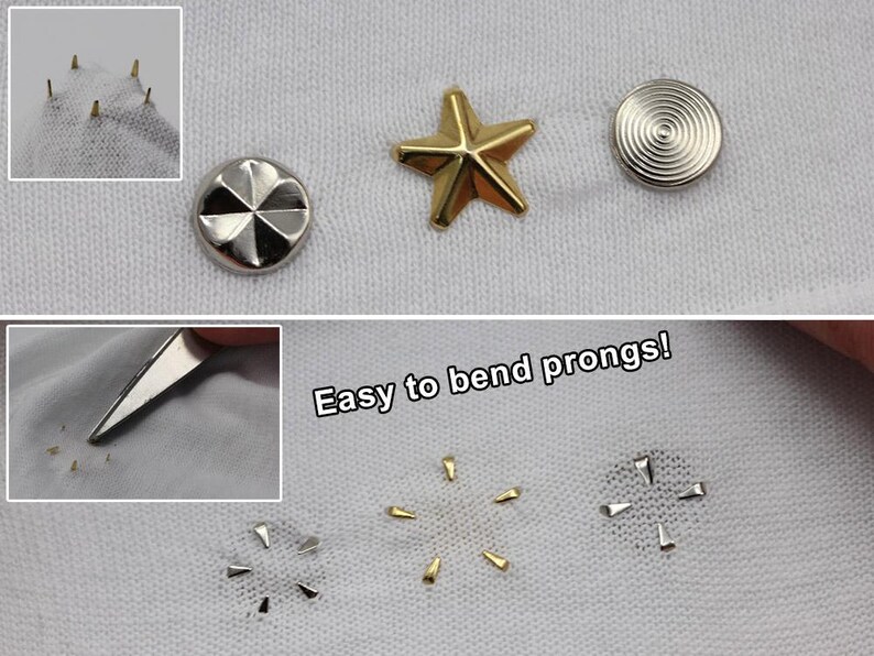 May include: Close-up of various metal studs and fasteners, including a star, a circular design, and a silver stud with a radial pattern. The text "Easy to bend prongs!" is also visible.
