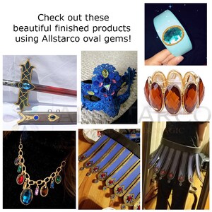 May include: A collection of finished products featuring oval gems. The products include a sword, a mask, a headband, a bracelet, a necklace, and a skirt. The gems are various colors, including blue, red, green, and brown.