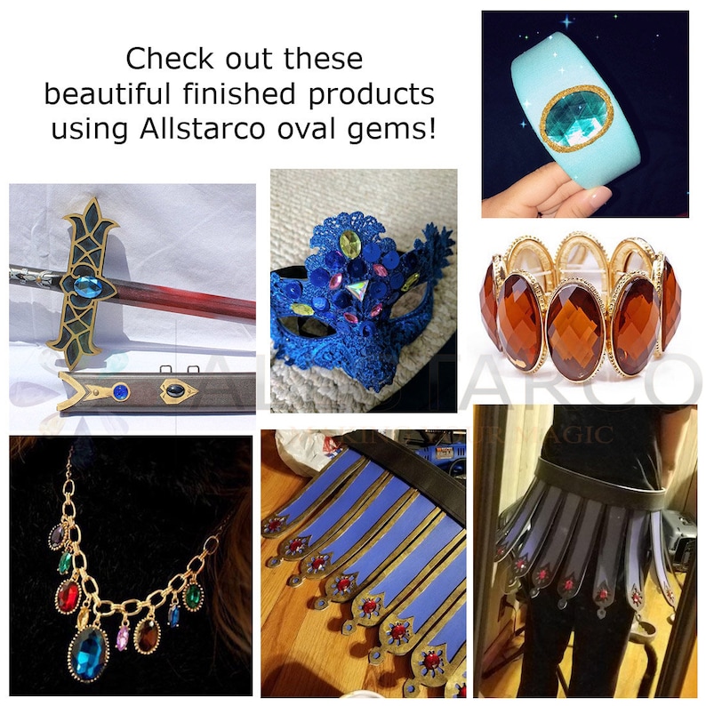 May include: A collection of finished products featuring oval gems. The products include a sword, a mask, a headband, a bracelet, a necklace, and a skirt. The gems are various colors, including blue, red, green, and brown.