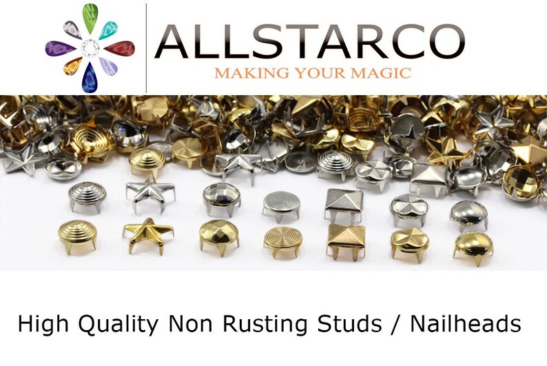 May include: A selection of non-rusting studs and nailheads in gold and silver hues. The image shows various shapes, including stars, squares, and round designs. The text reads "ALLSTARCO MAKING YOUR MAGIC" and "High Quality Non Rusting Studs / Nailheads."