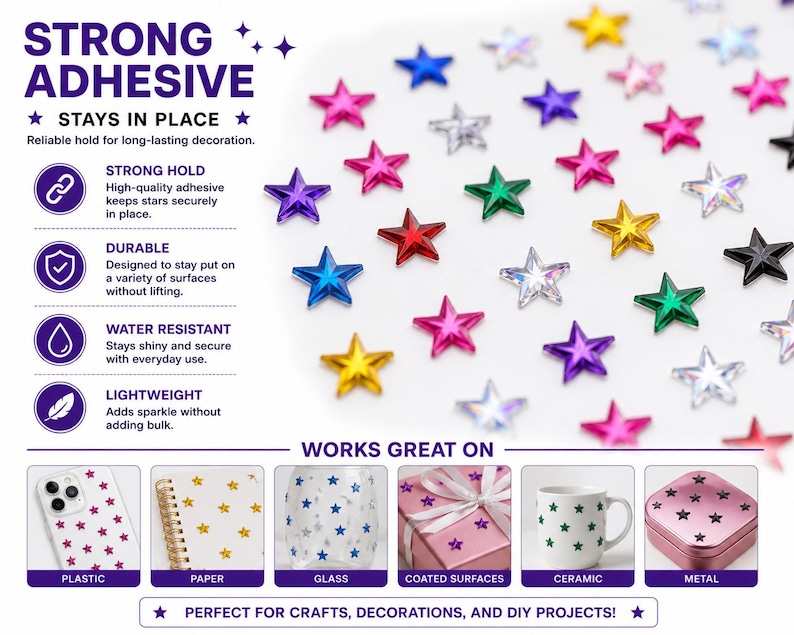 250 PCS Crystal Clear Acrylic Stick On Star Rhinestones Self Adhesive Gems Face Gems Body Art Jewels Scrapbooking Card Making 6mm 8mm 10mm image 4