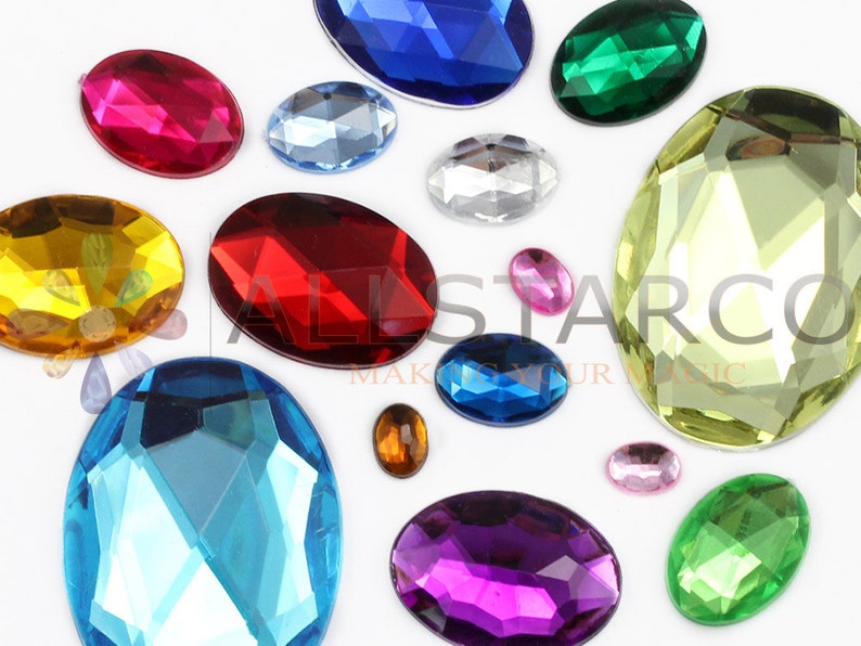 Assorted Colors Oval Shaped Plastic Acrylic Flat Back Rhinestones For Crafts Embellishments Card Invitations, Gemstones Allstarco Jewels, Jewelry Making, Cosplay, Props, DIY Projects, High Quality Premium Rhinestones for Garments Fashion Schools
