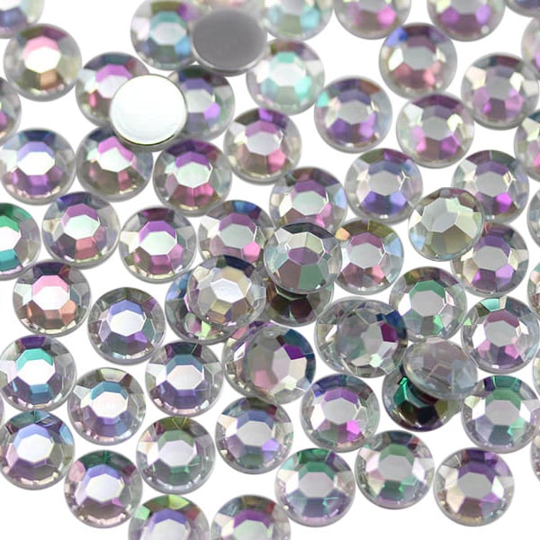 Crystal AB Coating Acrylic Round Flat Back Rhinestones For Crafts Card Making Embellishments Face Jewels Plastic Iridescent Gems - 19 Sizes