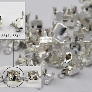 May include: Silver-coloured metal jewellery findings, including settings for SS8, SS12, and SS16 stones. The image shows various shapes, including settings with loops and square settings with stones. The findings are shiny and reflective.