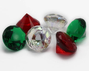 5 Pieces Large Acrylic Round Diamonds Green, Red and Crystal - 40mm