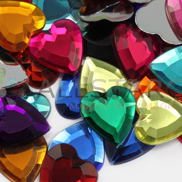 15mm Assorted Colors Mix Flat Back Heart Acrylic Jewels Plastic Rhinestones For Scrapbooking and Jewelry Making Costume Gems - 200 Pieces