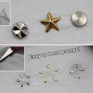 May include: Close-up of various metal studs and fasteners, including a star, a circular design, and a silver stud with a radial pattern. The text "Easy to bend prongs!" is also visible.