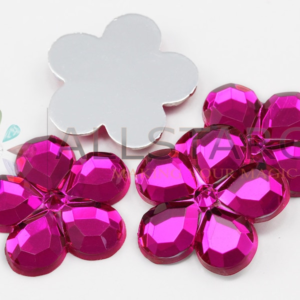 25mm 1 Inch Pink Fuchsia H108 Flat Back Flower Loose Acrylic Jewels High Quality Pro Grade - 15 Pieces