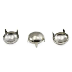 May include: Three silver-colored metal rivets with a rounded, domed top and three prongs on the bottom. Each rivet has two small, pointed projections on the top. The rivets are displayed against a white background.