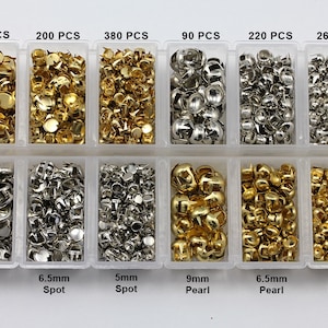 May include: A clear plastic organizer filled with various metal embellishments. The embellishments include gold and silver spots and pearls in different sizes, with quantities ranging from 90 to 380 pieces. The sizes are 5mm, 6.5mm, and 9mm.