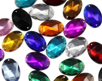 Flat Back Sew On Oval Beads Acrylic Rhinestones Sewing Plastic Gems With Holes For Jewelry, Garment Embelishments, Cosplays, Crafts