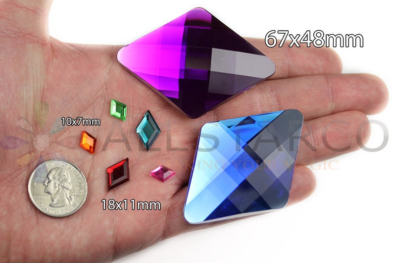 Flat Back Diamond Acrylic Rhinestones Plastic Gems on hand next to quarter 25 cents crystal clear jewels size reference allstarco For Crafts Embellishments Card Invitations, Gemstones High Quality Premium Rhinestones for Garments Fashion Kid School