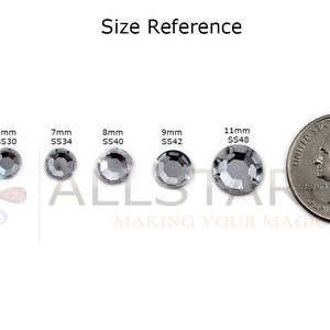 May include: Image showing a size reference of various gray rhinestones, ranging from 5mm to 11mm in diameter, next to a quarter for scale. The rhinestones are labeled with their size and SS code. The text "Size Reference" is at the top.