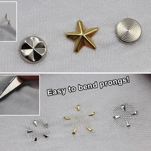 May include: Close-up of various metal studs and fasteners, including a silver circular stud with a radial design, a gold star-shaped stud, and a silver circular stud with concentric circles. The image also shows the text "Easy to bend prongs!"