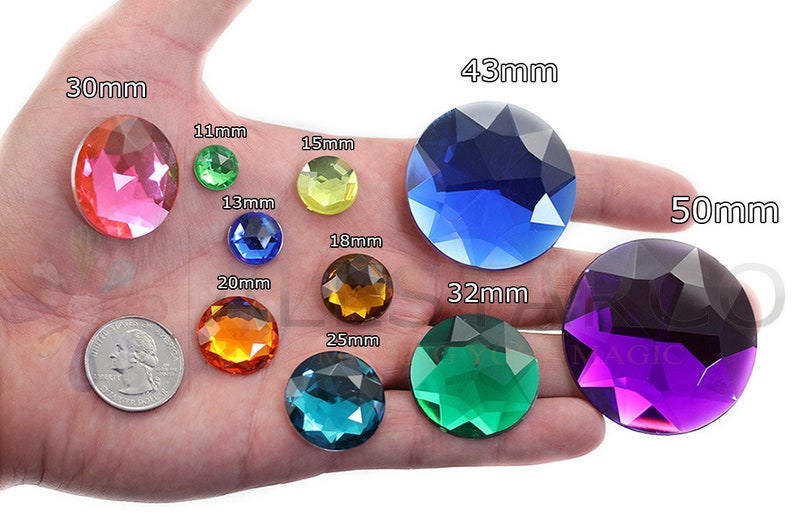 Flat Back Round Acrylic Rhinestones Plastic Gems on hand next to quarter 25 cents usa crystal clear jewels size reference allstarco For Crafts Embellishments Card Invitations, Gemstones High Quality Premium Rhinestones for Garments Fashion Kid School