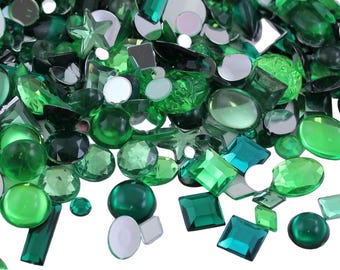 Green Emerald Mix Crafting Gems in Bulk Acrylic Flatback rhinestones, Assorted Sizes & Shapes Cosplay Embellishments Jewels Costume Making