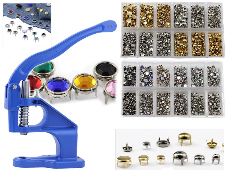 May include: A blue hand press for applying rivets and studs. The image shows a variety of colorful gemstone rivets, along with a selection of metal studs in a plastic organizer. Additional rivets are shown on a denim fabric.