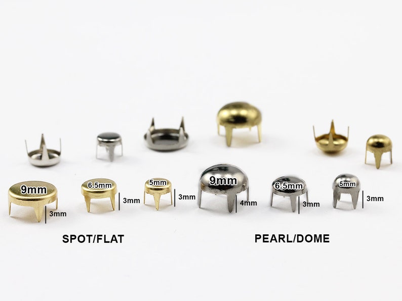 May include: A selection of metal studs in different sizes and finishes. The image displays spot/flat and pearl/dome styles, with measurements in millimetres. Studs range from 5mm to 9mm in diameter and 3mm to 4mm in height.