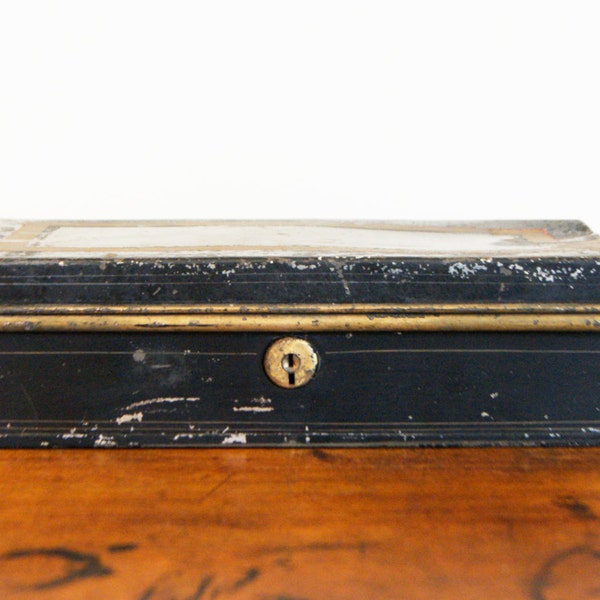 Vintage Victorian Banker Document Box Black Gold Tin Metal