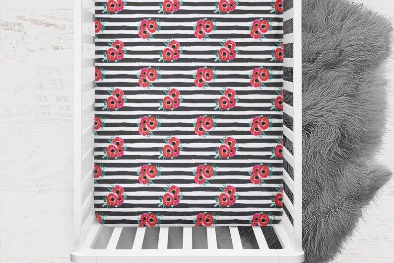 Red Poppy Crib Sheet Black Stripes Sheet Minky Baby Bedding Etsy