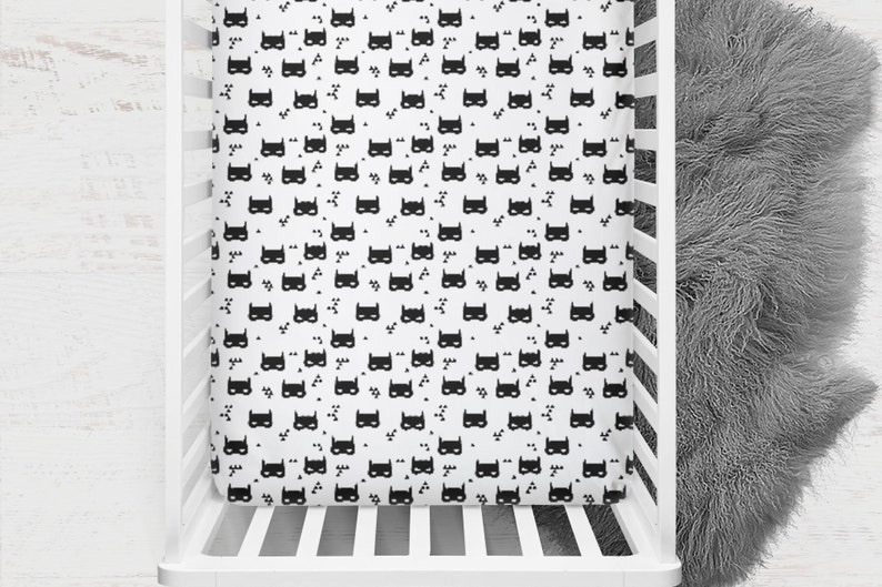 Super Hero Nursery Monochrome Baby Bedding Super Hero Fitted Crib Sheet Minky Crib Sheet Crib Sheet Super Hero Bat Mask Baby Bedding