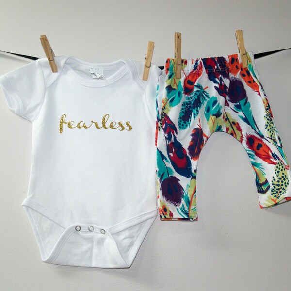 Baby Girl Leggings Glitter Fearless Bodysuit Set, Feather Leggings, Baby Girl Leggings, Newborn Going Home Outfit, Tribal Harem Pants