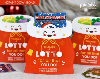 Porta-cartão de raspadinha de loteria de Natal para impressão | Presente de agradecimento ao professor | Bilhete de loteria | Saco de etiqueta de presente para raspar bilhete de loteria