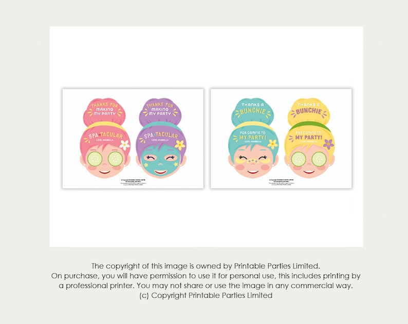 K&ouml;nnte beinhalten: Zwei Sets von Party-G&auml;stekarten zum Thema Spa. Jede Karte zeigt ein Cartoon-Gesicht mit Gurkenscheiben auf den Augen und einer Gesichtsmaske. Der Text enth&auml;lt "Danke, dass du meine Party gemacht hast" und "Spa-tacular".