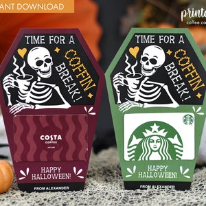 Titular de la tarjeta de café de Halloween / Titular de la tarjeta de café imprimible / Regalo de agradecimiento al maestro / Regalo de Halloween del maestro Descarga instantánea / Esqueleto