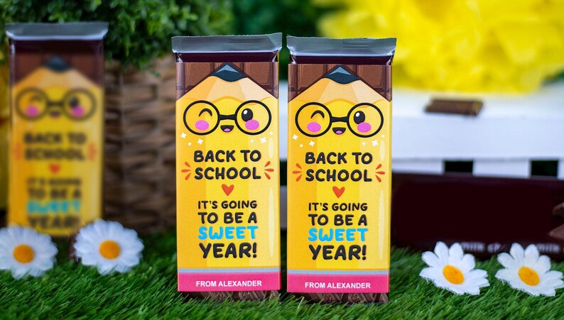 Op de afbeelding: Twee chocoladerepen met gele verpakkingen met een potloodthema. De verpakkingen bevatten de tekst "Back to School" en "It's going to be a sweet year!" met een schattig potloodpersonage met een bril. De onderkant van de verpakking zegt "From Alexander".