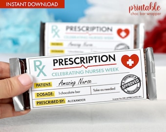 Envoltorio de chocolate imprimible para la Semana de la Enfermería, envoltorio de barra de caramelo para enfermeras, regalo de agradecimiento por receta médica, descarga en PDF