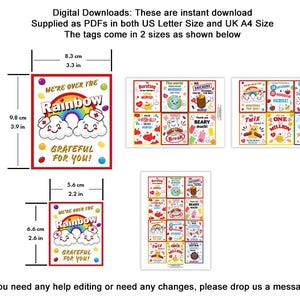 Puede incluir: Descarga digital imprimible de 12 etiquetas de regalo coloridas con un tema de arco&iacute;ris. Las etiquetas est&aacute;n disponibles en dos tama&ntilde;os: 9,8 cm por 6,6 cm y 5,6 cm por 2,2 cm. Las etiquetas incluyen frases como "Estamos por encima del arco&iacute;ris" y "&iexcl;Agradecido por ti!"
