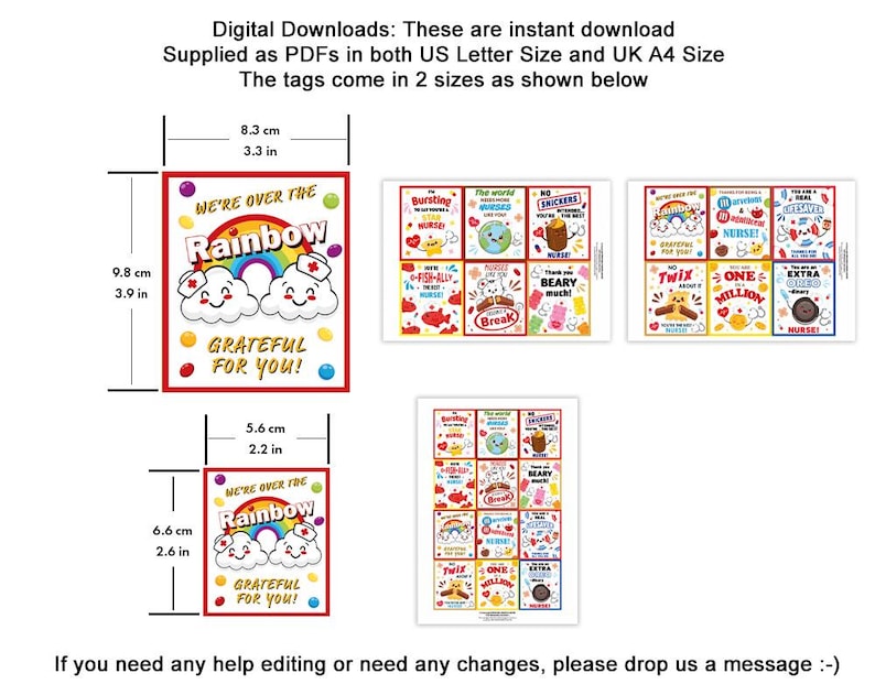 Puede incluir: Descarga digital imprimible de 12 etiquetas de regalo coloridas con un tema de arco&iacute;ris. Las etiquetas est&aacute;n disponibles en dos tama&ntilde;os: 9,8 cm por 6,6 cm y 5,6 cm por 2,2 cm. Las etiquetas incluyen frases como "Estamos por encima del arco&iacute;ris" y "&iexcl;Agradecido por ti!"