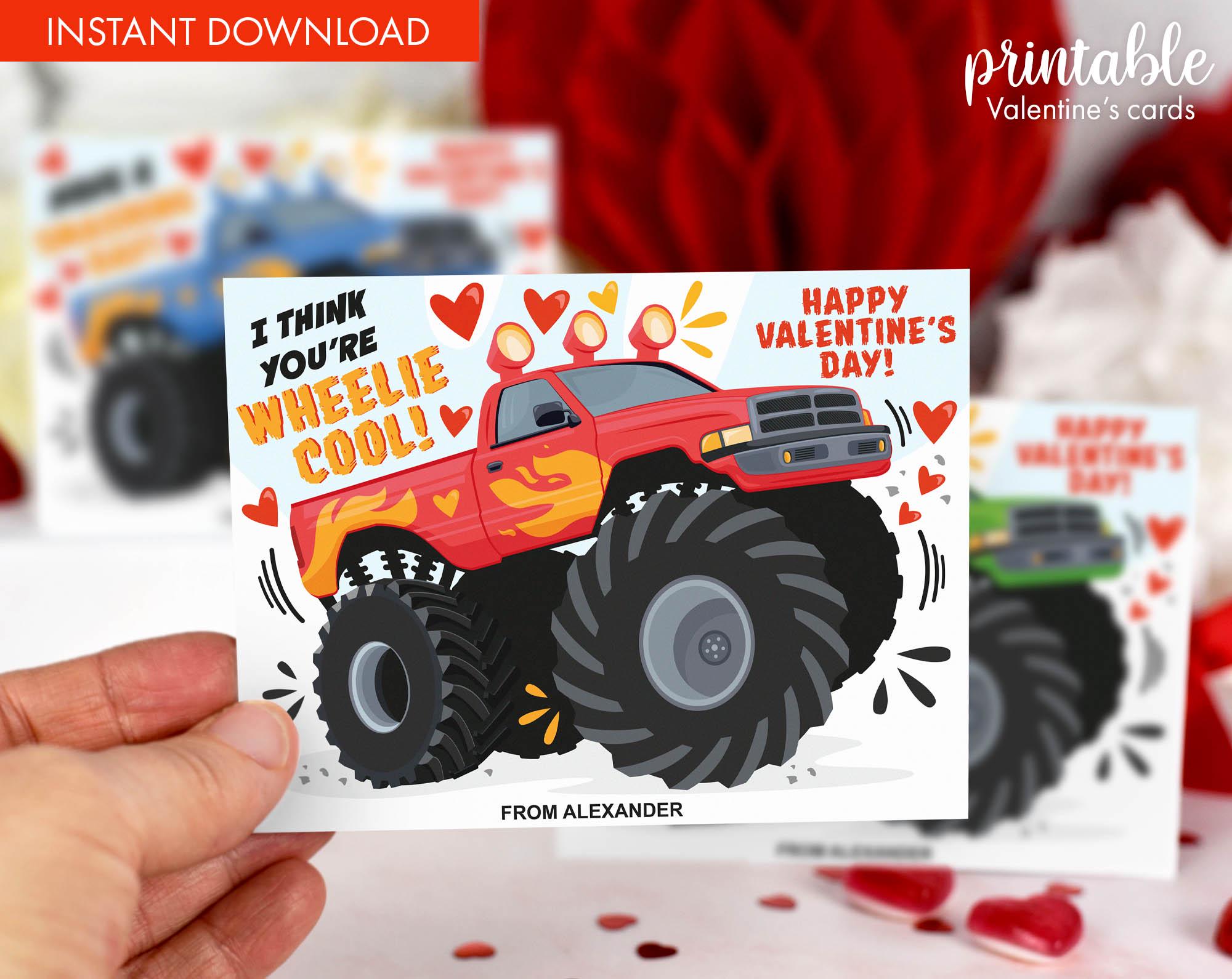 Monster Truck Valentine Cards for Kids, Printable Valentine’s Day Cards ...
