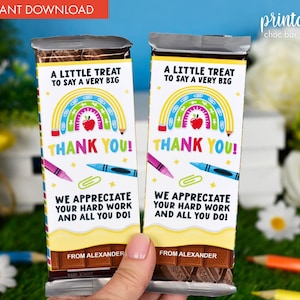 May include: Two chocolate bar wrappers with a rainbow design, apple, and the words "THANK YOU!" and "WE APPRECIATE YOUR HARD WORK AND ALL YOU DO!". The wrappers are labeled "FROM ALEXANDER" and are labeled "INSTANT DOWNLOAD" and "printable choc bar wrapper".