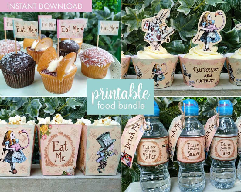 Vintage Alice in Wonderland Party Printable Food Bundle Digital Download Cupcake Wrappers Snack Box Food Flags Bottle Wraps