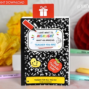 Porta-cartão-presente de agradecimento ao professor para impressão | Cartão de agradecimento personalizado ao professor | Cartão da semana de agradecimento ao professor para impressão | Bloco de notas