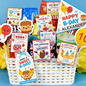 Afdrukbare tags voor verjaardagstraktaties | Gram snoep voor kinderverjaardag | Chocoladelabels | Tags cadeaumand | DIY-cadeau-verjaardagsmand | Vlag en tags
